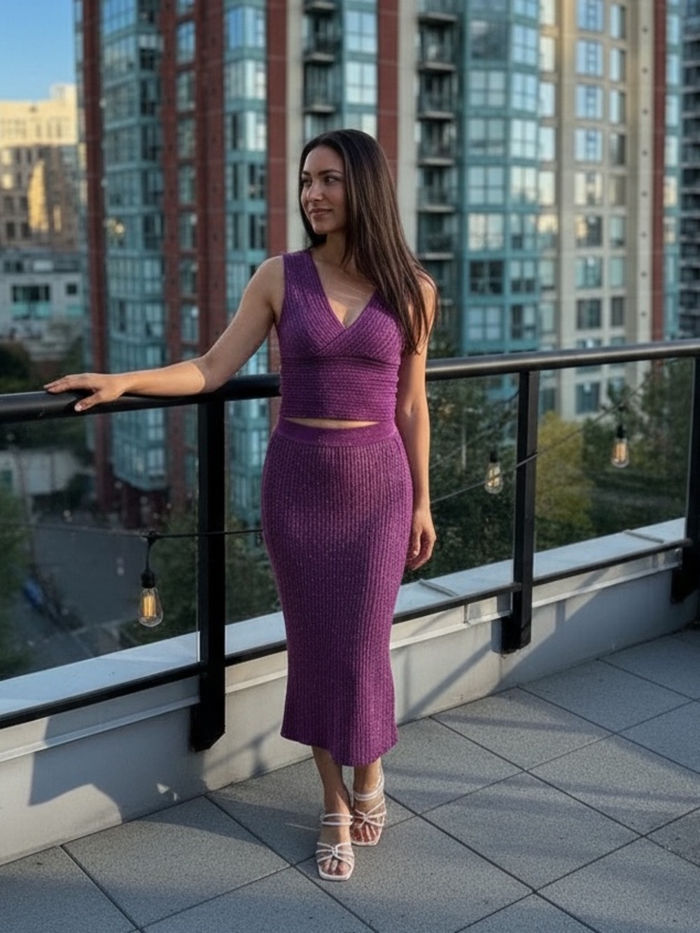 House of Harlow 1960 Purple Shimmer Knit Two-Piece Bodycon Midi Small Skirt Set